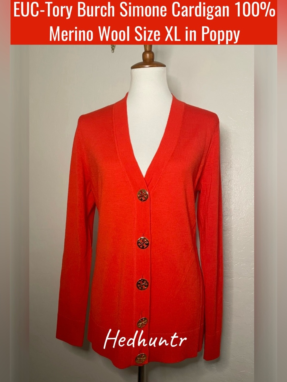 EUC-Tory Burch Simone Cardigan 100% Merino Wool Size XL in Poppy